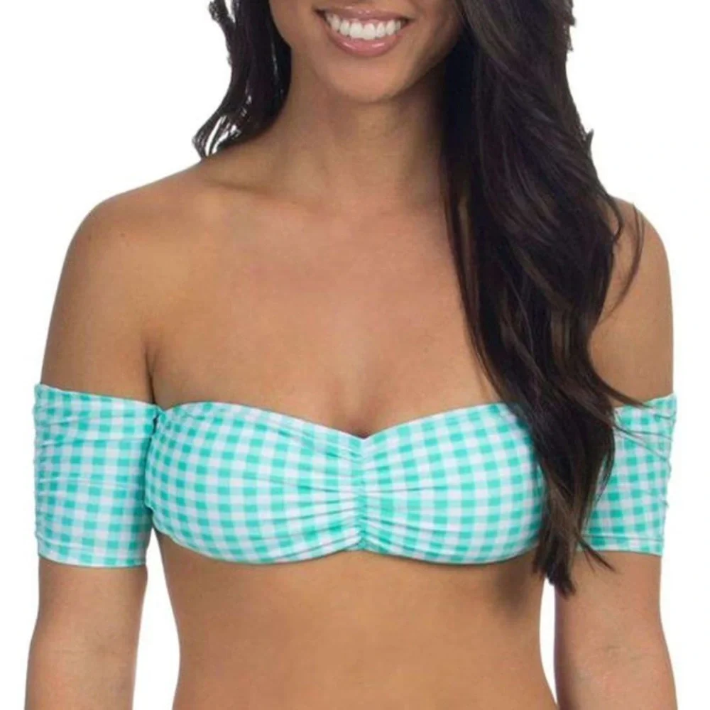 NWT $62 Gingham Off-The-Shoulder Bandeau Bikini Top in Aqua Mist by Lauren James